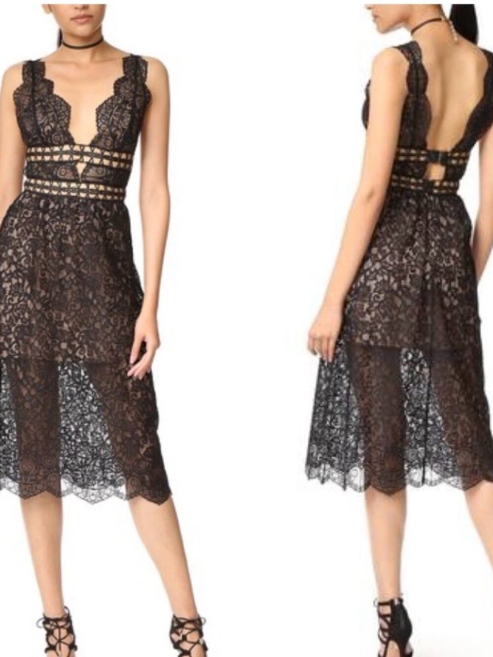 For Love and Lemons XS Black Mon Cheri Floral Lace Cutout Midi whimsigoth Dress